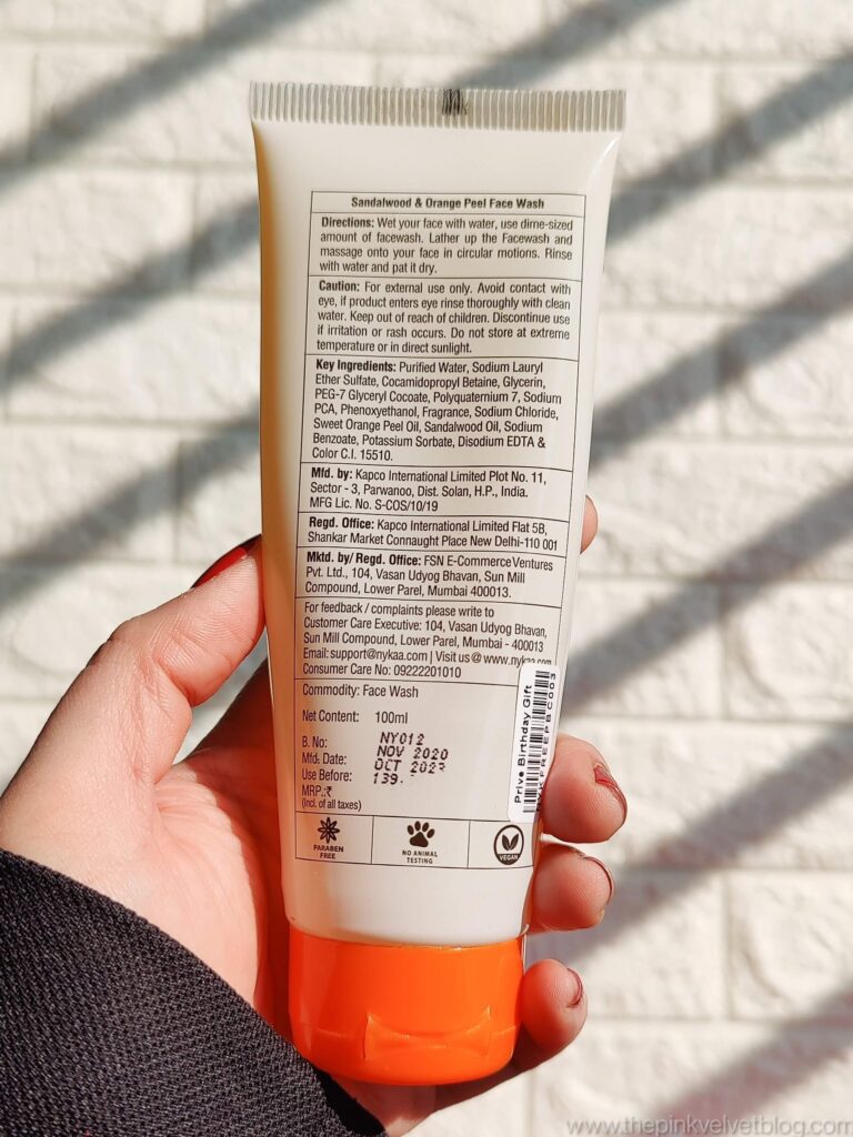 Nykaa Sandalwood and Orange Peel Face Wash Ingredients