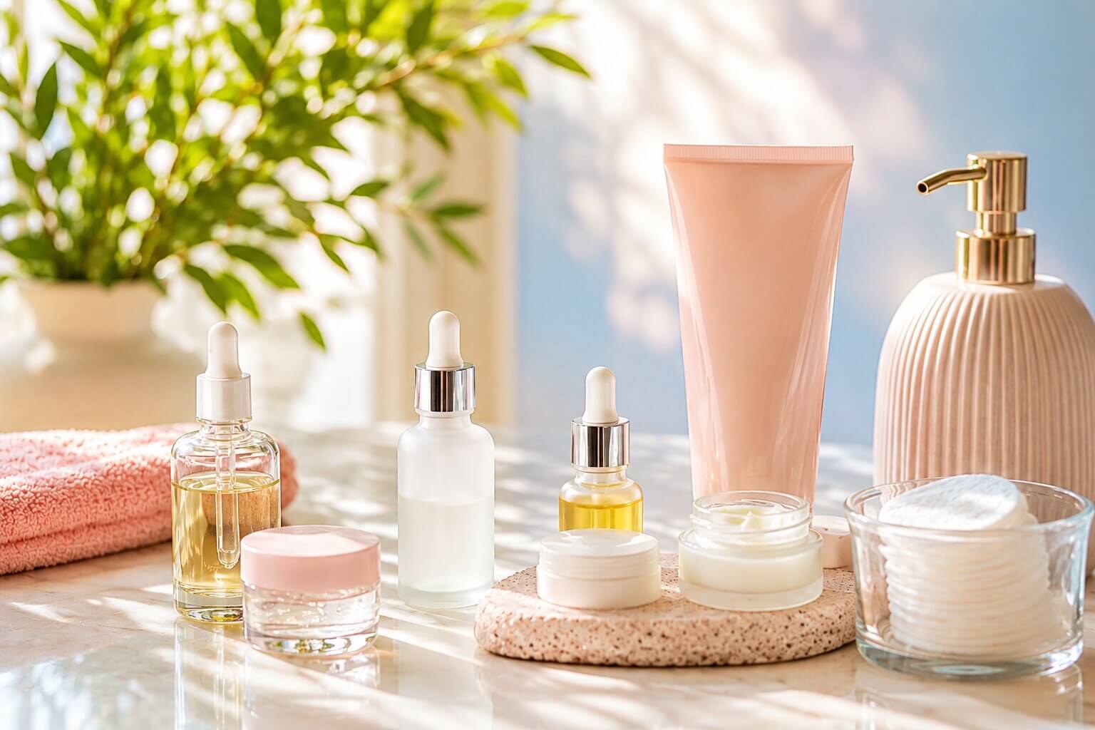 Skincare products arranged for a simple routine for aging or stressed skin