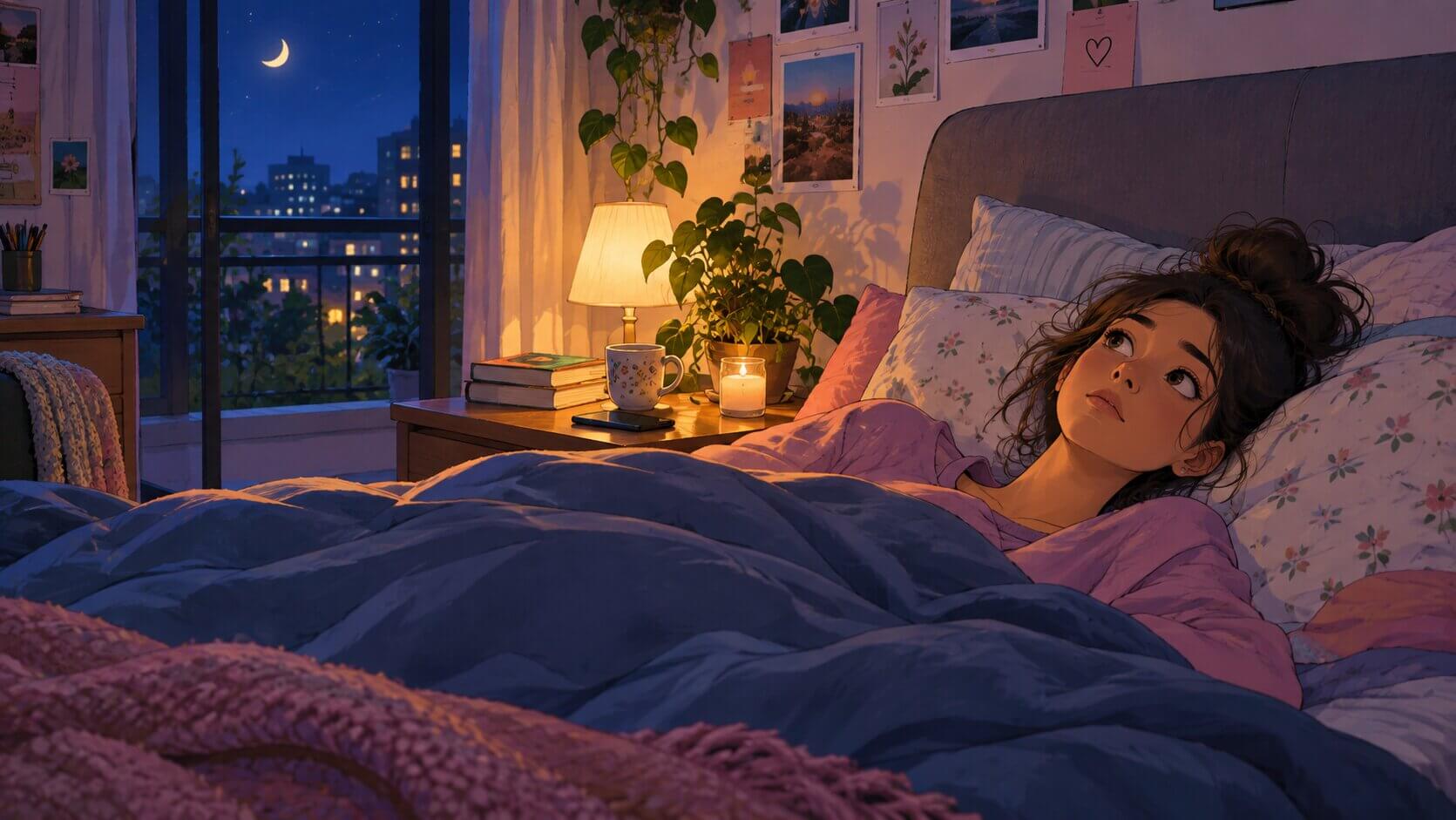 Illustrated woman lying awake in bed at night feeling tired but unable to sleep